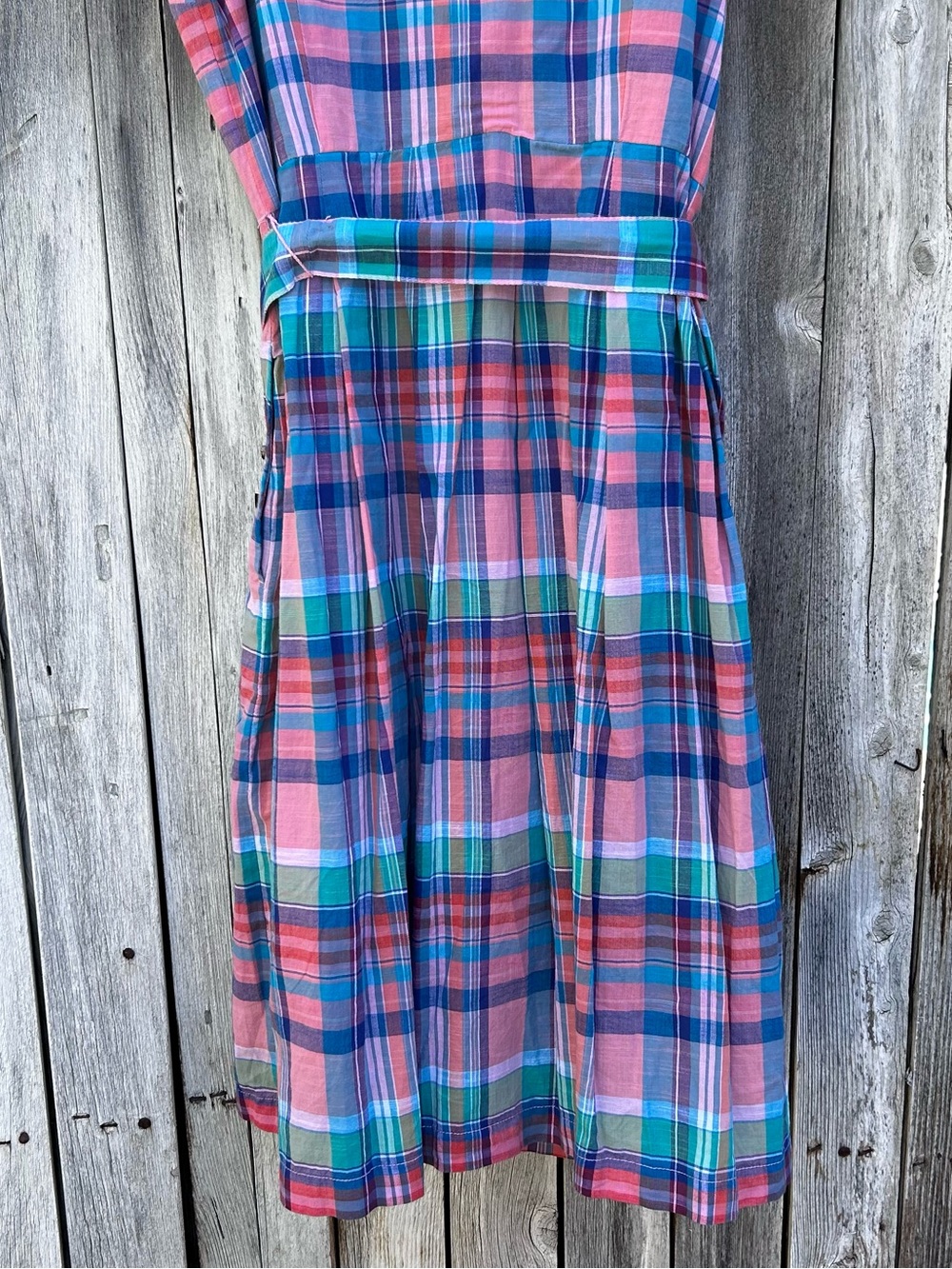 Talbots Madras Plaid Button Front Shirtdress Belted Cotton Pink Blue 12 - Picture 14 of 16